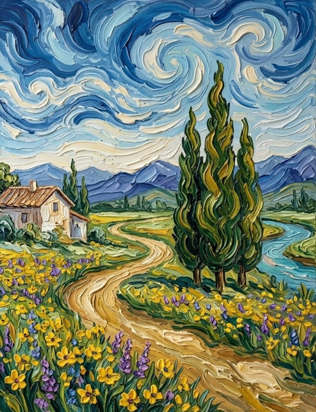 Swirling Cypresses Under Starry Night Sky, Original Oil Paintings, Original Landscape Paintings, Heavy Texture Paintings, Hand Painted Canvas Art, Small Canvas Artwork