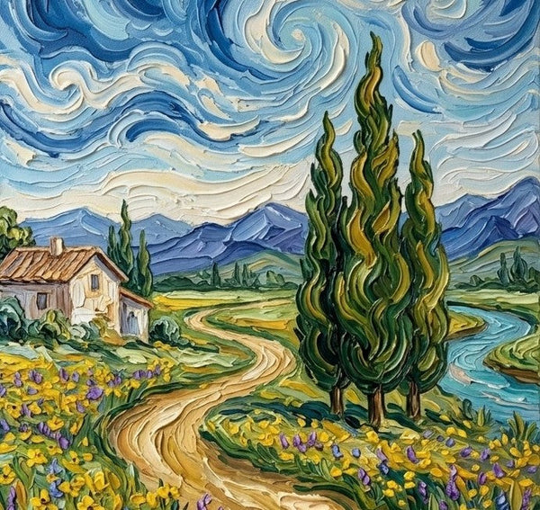 Swirling Cypresses Under Starry Night Sky, Original Oil Paintings, Original Landscape Paintings, Heavy Texture Paintings, Hand Painted Canvas Art, Small Canvas Artwork