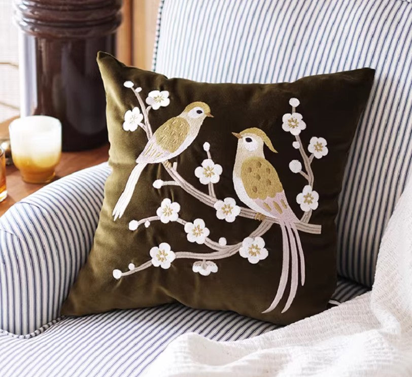 Vintage Decorative Pillows Embroidered Birds Cushion For Couch, Farmhouse Style Throw Pillows Living Room Decor, Artistic Floral Bird Embroidery Soft Square Pillow, Rustic Home Accents For Sofa And Bed, Unique Handcrafted Textile Art Pillow Cover