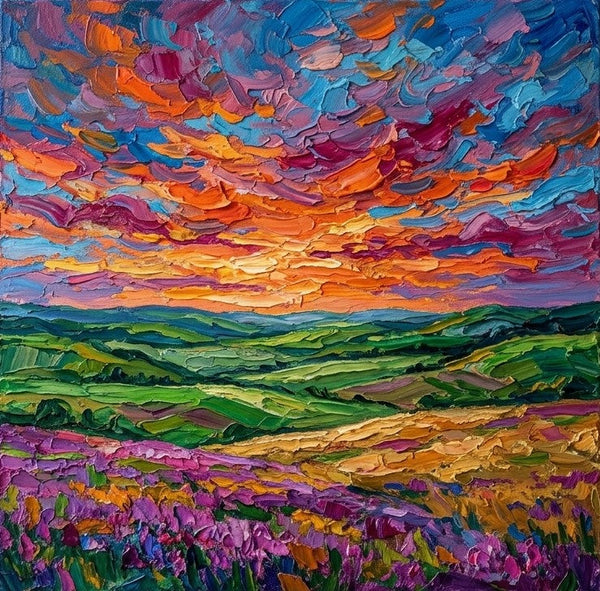 Sunset Sky Over the Meadow, Original Oil Painting for Sale, Heavy Texture Paintings, Original Landscape Paintings
