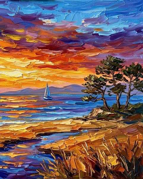 Hand Painted Canvas Art, Sailboats Beneath Sunset Blaze, Original Seascape Paintings, Small Oil Paintings, Landscape Canvas Paintings, Original Canvas Artwork
