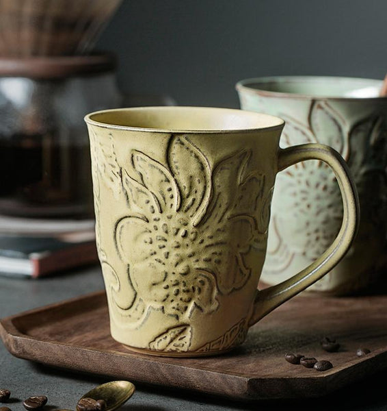 Green Ceramic Coffee Mug, Birthday Gifts, Stoneware Coffee Mugs, Handmade Pottery Coffee Mug, Large Capacity Coffee Cups-Art Painting Canvas
