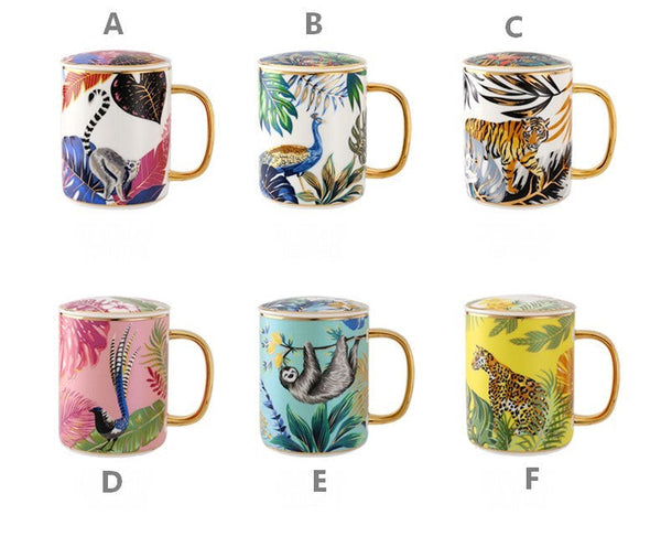 Unique Ceramic Mugs in Gift Box, Creative Porcelain Cups, Large Capacity Jungle Animal Porcelain Mugs, Large Ceramic Mugs for Office-Art Painting Canvas