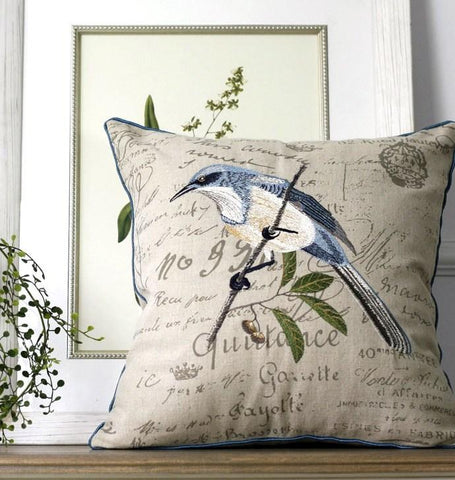 Decorative Throw Pillows for Couch, Bird Embroidery Pillows, Cotton and Linen Pillow Cover, Rustic Sofa Throw Pillows-Art Painting Canvas