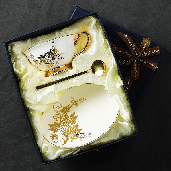 Golden Leaves and Grapes Porcelain Tea Cup Saucer Set, 7.4 oz British Tea Cup and Saucer in Gift Box, Elegant British Ceramic Coffee Cups-Art Painting Canvas