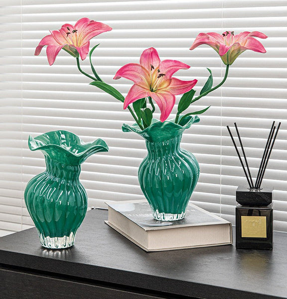 Contemporary Vases for Modern Home Decor, Unique Handmade Liuli Vases, Color Glaze Vase, Green Glass Bud Vases, Centerpiece Vases on Table-Art Painting Canvas