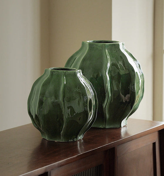 Handmade Modern Flower Vase, Centerpiece Ceramic Bouquet Vases, Large Contemporary Vases on Dining Table, Green Porcelain Vases for Modern Home Decor-Art Painting Canvas