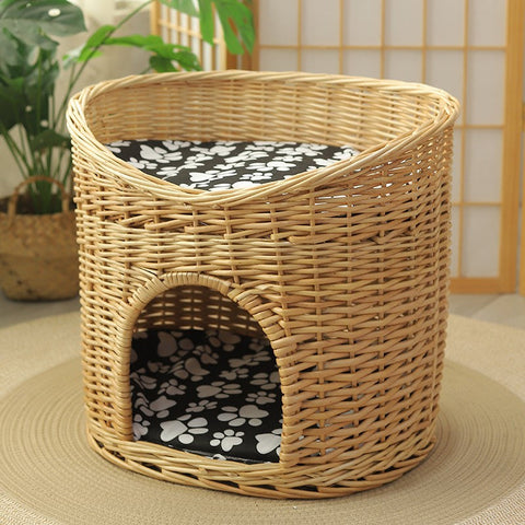 Washable Wicker Cat Bed, Wicker Cat House with Washable Cushion for Indoor Cats and Dogs-Art Painting Canvas
