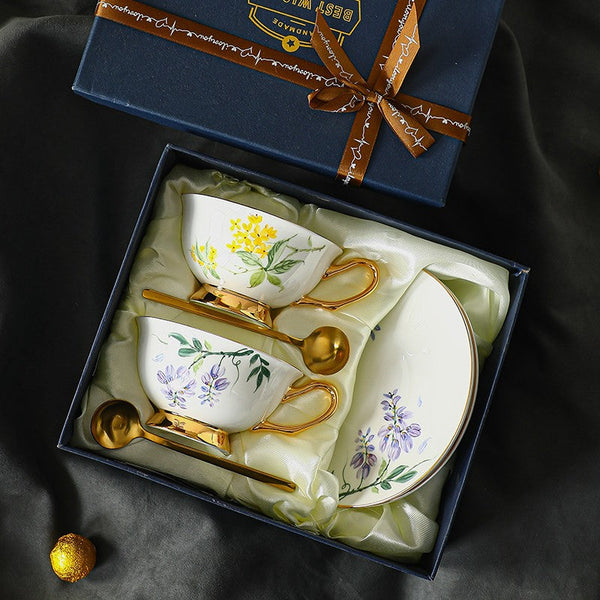Unique Tea Cup and Saucer in Gift Box, Floral Ceramic Coffee Cup with Saucer, 7.4 oz British Tea Cup and Saucer, Porcelain Tea Cup Saucer Set-Art Painting Canvas