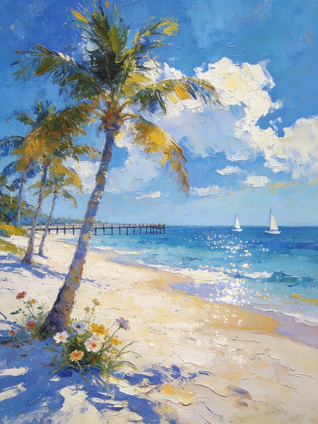 Small Oil Paintings, Sandy Beach Serenity, Palm Tree Beach Paintings, Canvas Paintings for Bedroom, Heavy Texture Artwork, Hand Painted Canvas Art, Original Landscape Paintings-Art Painting Canvas