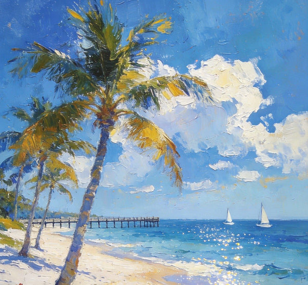 Small Oil Paintings, Sandy Beach Serenity, Palm Tree Beach Paintings, Canvas Paintings for Bedroom, Heavy Texture Artwork, Hand Painted Canvas Art, Original Landscape Paintings-Art Painting Canvas