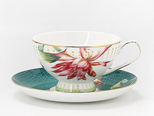 Lotus Flower Porcelain Tea Cup Saucer Set, Elegant Ceramic Coffee Cups, Beautiful British Tea Cups, Traditional English Tea Cup and Saucer-Art Painting Canvas