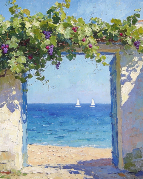 Hand Painted Canvas Art, Original Small Paintings, Seaside Cottage Under the Grape Canopy, Small Canvas Wall Art Paintings, Original Oil Paintings