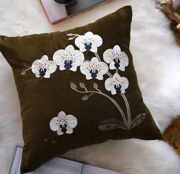 Large Decorative Pillows for Couch, Dark Olive Green Embroidered Moth Orchid Cushion, Decorative Pillow Arrangement Ideas for Couch, Living Room Decorative Pillows, Modern Throw Pillows for Bedroom-Art Painting Canvas