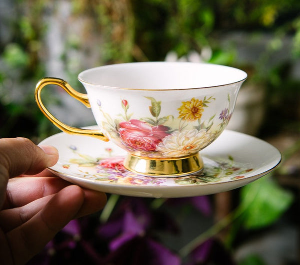 Elegant Rose Flower Ceramic Cups, Unique Royal Coffee Cup and Saucer, Creative Porcelain Tea Cup Saucer Set, Beautiful British Tea Cups-Art Painting Canvas