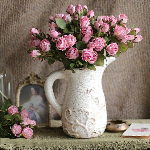 Artificial Flowers for Living Room, 12 Branches of Pink Rose Flowers, Pink Rose Flower in Vase, Real Touch Flowers, Simple Flower Arrangement Ideas for Home Decoration-Art Painting Canvas