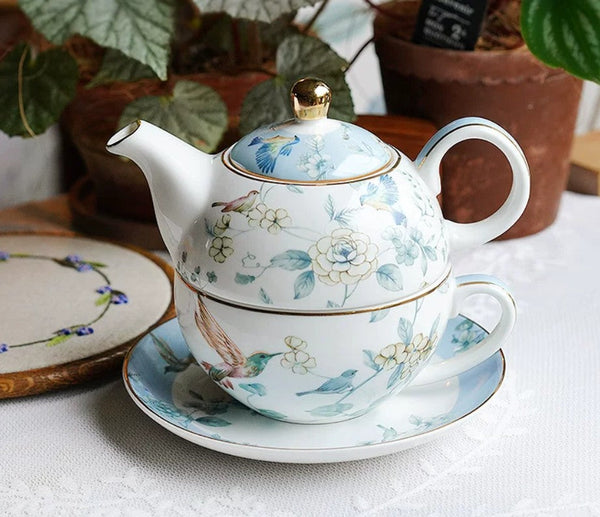 Stackable Teapot and Cup Set, Ceramic Tea Pot with Integrated Cup, Porcelain Teapot with Matching Cup and Saucer in Gift Box, Mother-and-Baby Teapot with Matching Saucer-Art Painting Canvas