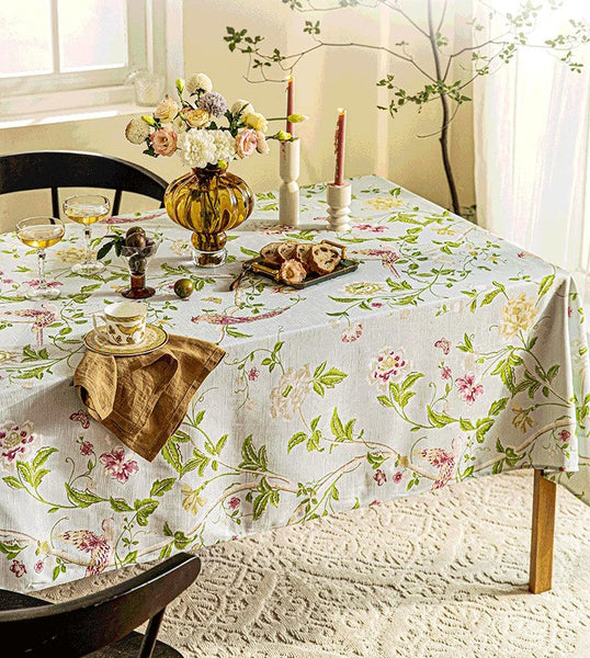 Singing Bird Tablecloth for Round Table, Kitchen Table Cover, Flower Table Cover for Dining Room Table, Modern Rectangle Tablecloth Ideas for Oval Table-Art Painting Canvas