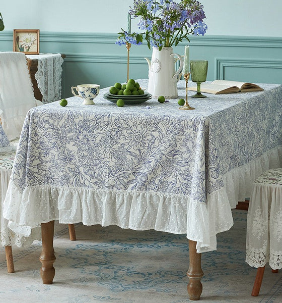 Cotton Rectangle Tablecloth for Dining Room Table, Natural Spring Farmhouse Table Cloth, Blue Flower Pattern Cotton Tablecloth, Square Tablecloth for Round Table-Art Painting Canvas