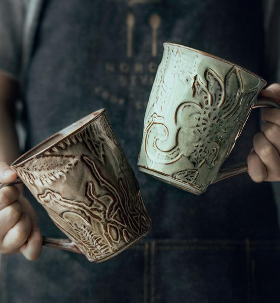 Green Ceramic Coffee Mug, Birthday Gifts, Stoneware Coffee Mugs, Handmade Pottery Coffee Mug, Large Capacity Coffee Cups-Art Painting Canvas