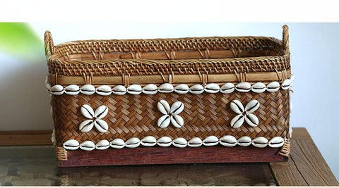 Indonesia Hand Woven Storage Basket, Natural Bamboo and Sea Shell Baskets-Art Painting Canvas