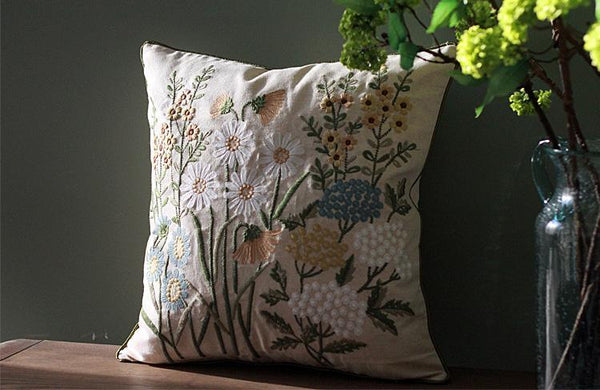 Flower Decorative Throw Pillows, Decorative Pillows for Sofa, Embroider Flower Cotton and linen Pillow Cover, Farmhouse Decorative Pillows-Art Painting Canvas