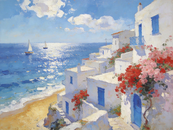Original Oil Paintings, Santorini's Seaside Symphony, Seashore Paintings, Summer Resort, Hand Painted Canvas Art, Small Canvas Paintings, Landscape Wall Art Paintings, Landscape Paintings for Living Room-Art Painting Canvas