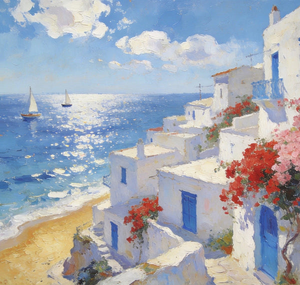 Original Oil Paintings, Santorini's Seaside Symphony, Seashore Paintings, Summer Resort, Hand Painted Canvas Art, Small Canvas Paintings, Landscape Wall Art Paintings, Landscape Paintings for Living Room-Art Painting Canvas