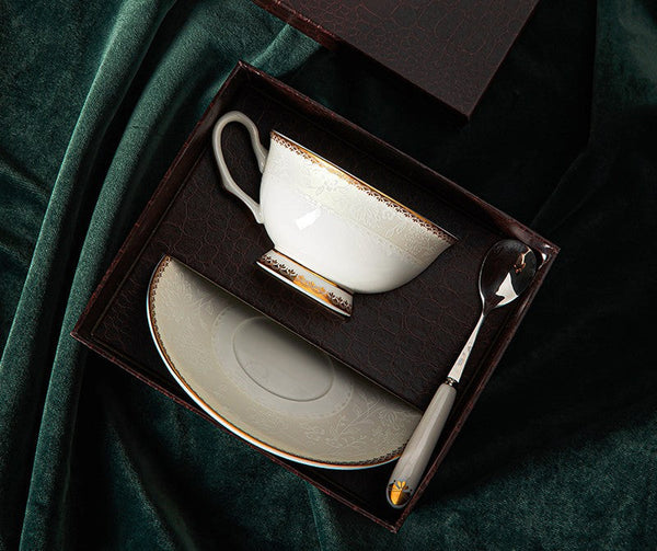 Porcelain Coffee Cup Set, White Ceramic Cups, 7.8 oz British Ceramic Coffee Cups, Unique Tea Cup and Saucer in Gift Box-Art Painting Canvas