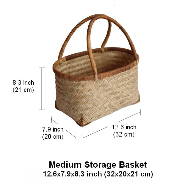 Storage Basket with Handle, Large Kitchen Storage Baskets, Natural Hand-woven Bamboo Storage Basket, Lovely Bamboo Weaving Baskets for Vegetable, Picnic Fruit Storage Baskets-Art Painting Canvas