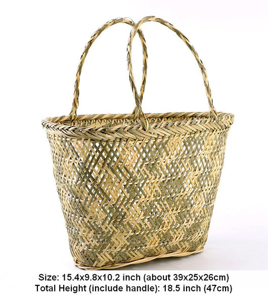 Picnic Food Basket with Handle, Bamboo Baskets for Vegetable, Large Natural Hand-woven Bamboo Basket-Art Painting Canvas