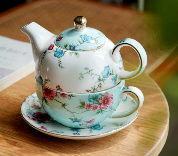 Porcelain Teapot with Matching Cup and Saucer in Gift Box, Stackable Teapot and Cup Set, Ceramic Tea Pot with Integrated Cup, Mother and Baby Teapot with Matching Saucer-Art Painting Canvas