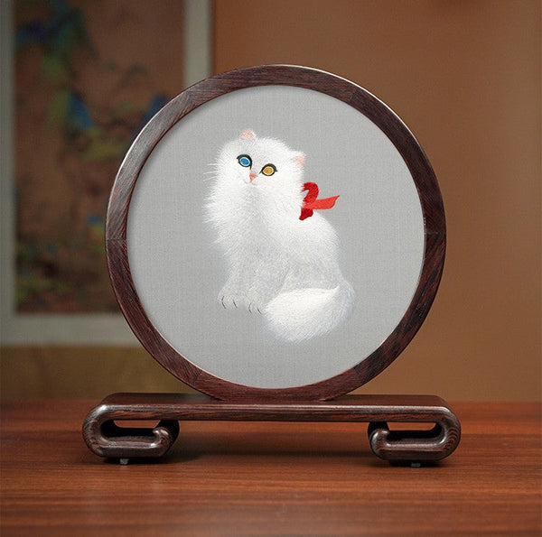 Exclusive Business Present, Lovely Kitty Cat Embroidered Decor, Premium Souvenir, Unique Birthday Gift, Traditional Chinese Suzhou Kitten Embroidery Ornament-Art Painting Canvas
