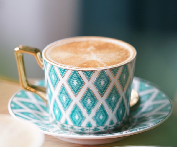 Afternoon Green British Tea Cups, Unique Ceramic Coffee Cups, Creative Bone China Porcelain Tea Cup Set, Traditional English Tea Cups and Saucers-Art Painting Canvas