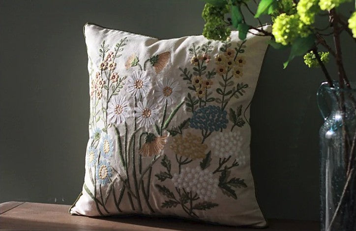 Embroidered Flower Cotton Pillow Covers, Farmhouse Throw Pillows, Floral Sofa Decor, Rustic Cushion Accents