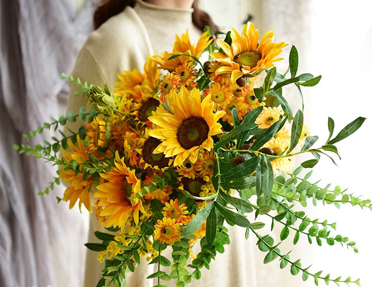 Large Bunch of Yellow Sunflowers, Unique Floral Arrangement for Home Decoration, Table Centerpiece, Real Touch Artificial Flowers for Living Room-Art Painting Canvas