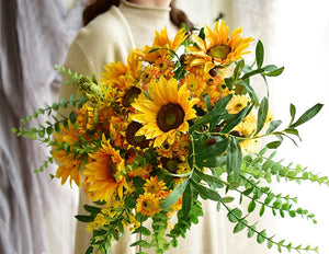 Large Bunch of Yellow Sunflowers, Unique Floral Arrangement for Home Decoration, Table Centerpiece, Real Touch Artificial Flowers for Living Room-Art Painting Canvas