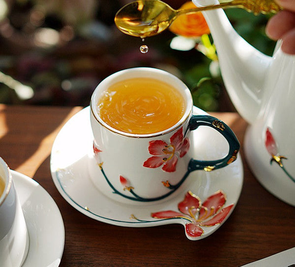 Afternoon British Tea Cups, Creative Porcelain Tea Cup Saucer Set, Traditional English Tea Cup and Saucer, Unique Ceramic Coffee Cups-Art Painting Canvas