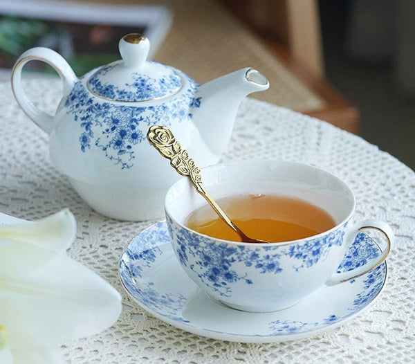 British Style Porcelain Teapot with Matching Cup and Saucer in Gift Box, Ceramic Tea Pot with Integrated Cup, Stackable Teapot and Cup Set, Mother-and-Baby Teapot with Matching Saucer-Art Painting Canvas