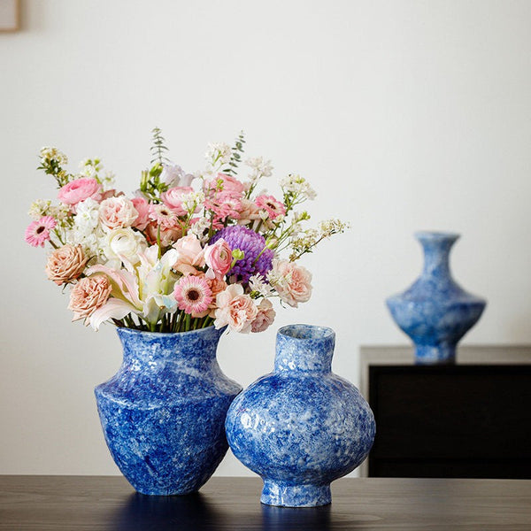 Handmade Water Holding Flower Vases, Centerpiece on Dining Table, Blue Pottery Bud Vases, Large Flower Vases on Table, Modern Pottery Flower Vases-Art Painting Canvas