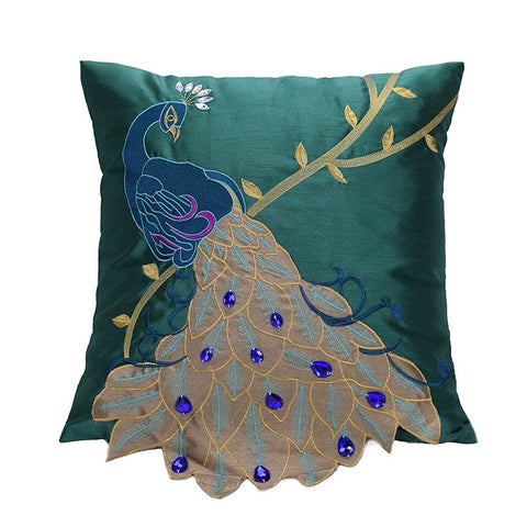 Decorative Sofa Pillows, Decorative Pillows for Couch, Beautiful Decorative Throw Pillows, Green Embroider Peacock Cotton and linen Pillow Cover-Art Painting Canvas