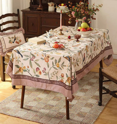 Bird and Fruit Tree Kitchen Table Cover, Linen Table Cover for Dining Room Table, Tablecloth for Round Table, Simple Modern Rectangle Tablecloth Ideas for Oval Table-Art Painting Canvas