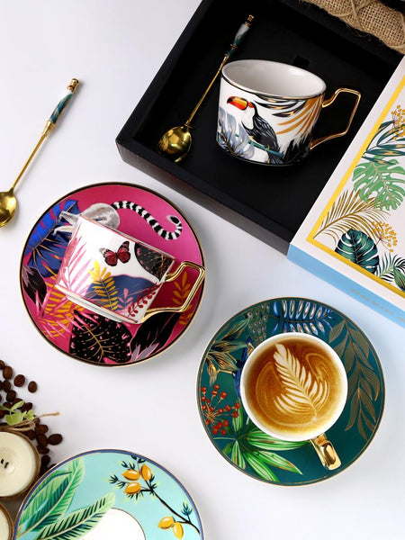 Butterfly Pattern Porcelain Coffee Cups, 7.4 oz Coffee Cups with Gold Trim and Gift Box, Tea Cup and Saucer-Art Painting Canvas