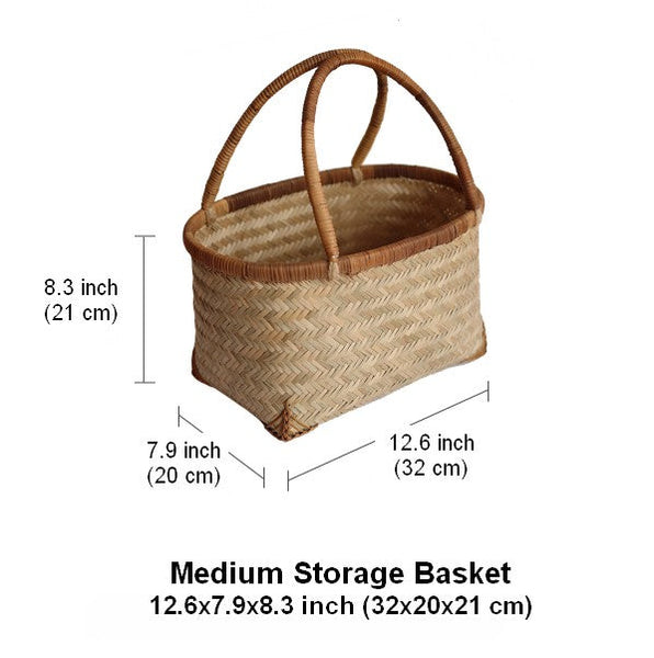Storage Basket with Handle, Large Kitchen Storage Baskets, Natural Hand-woven Bamboo Storage Basket, Lovely Bamboo Weaving Baskets for Vegetable, Picnic Fruit Storage Baskets-Art Painting Canvas