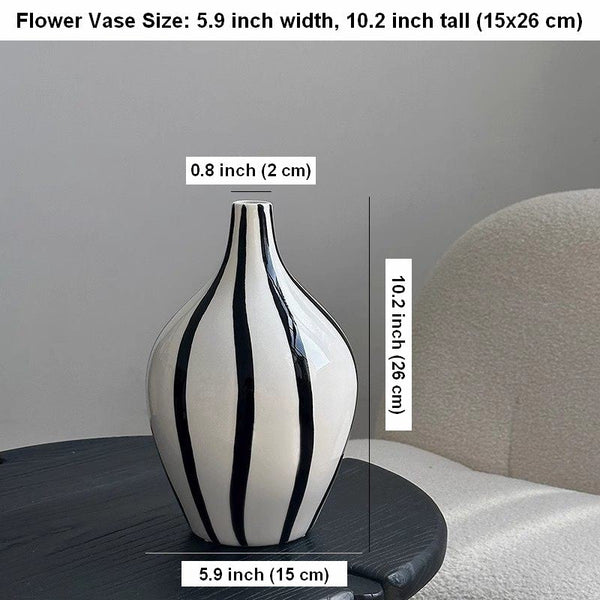 Water Holding Flower Vases, Black and White Striped Ceramic Vase, Porcelain Flower Vases, Modern Flower Vases on Table-Art Painting Canvas