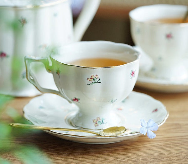 Porcelain Tea Cup Saucer Set, Beautiful British Tea Cups, Traditional English Tea Cup and Saucer, Unique Ceramic Coffee Cups-Art Painting Canvas