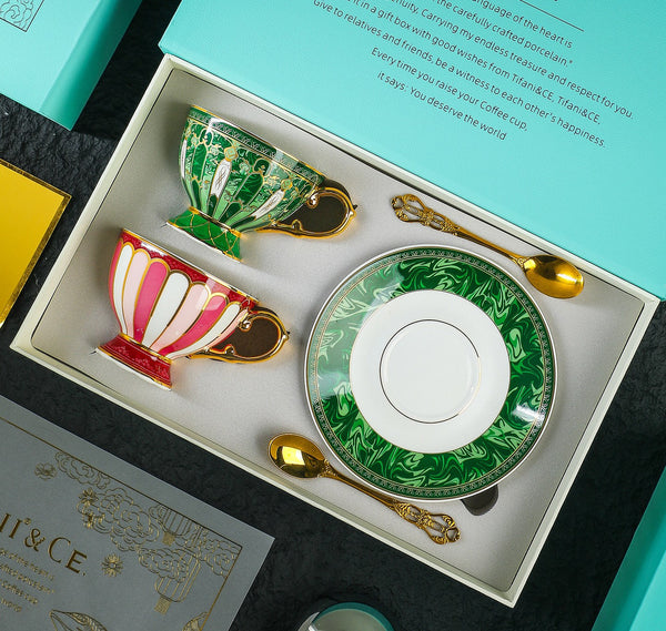 Elegant Ceramic Coffee Cups, Beautiful British Tea Cup with Saucer, 8 Ounce Porcelain Tea Cup Saucer Set of 2 Cups, Unique Tea Cup and Saucer in Gift Box as Birthday Gift-Art Painting Canvas