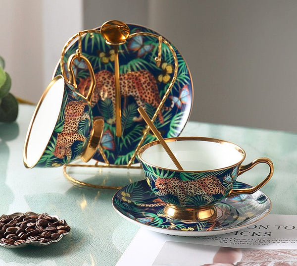 Creative Leopard Ceramic Coffee Cups, 6.8 oz Tea Cup and Saucer in Gift Box as Birthday Gift, Beautiful British Tea Cups, Creative Porcelain Tea Cup Set-Art Painting Canvas