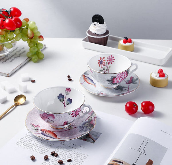 Unique Porcelain Cup and Saucer, Beautiful British Flower Tea Cups, Elegant Ceramic Coffee Cups, Creative Porcelain Tea Cup Set-Art Painting Canvas