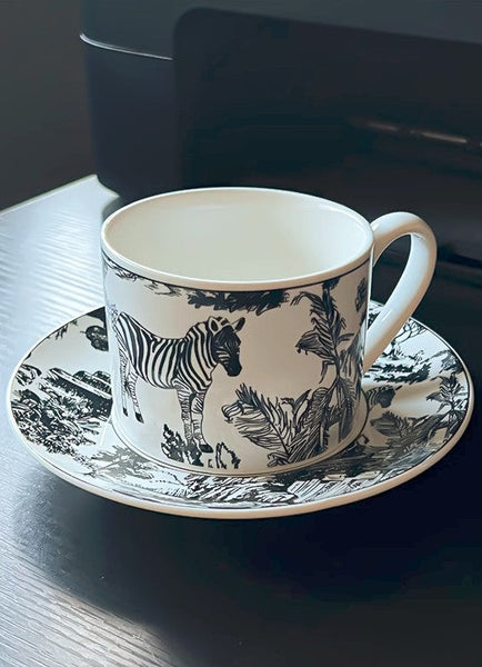 Royal Ceramic Cups, Elegant Ceramic Coffee Cups, 6.8 oz Tea Cup and Saucer in Gift Box, Zebra Jungle Porcelain Tea Cup Saucer Set-Art Painting Canvas
